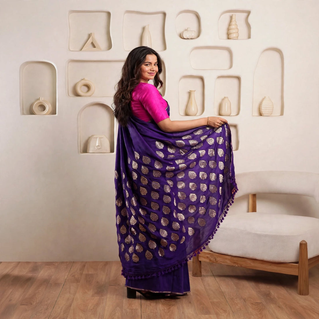 Kridha | Silk Mark and Handloom Mark Certified Muga Silk Banarasi Saree